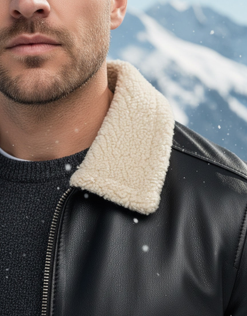 Khabib by Marrakchi – Veste en cuir homme avec col et doubleur en fourrure | Noir | Collection 2026