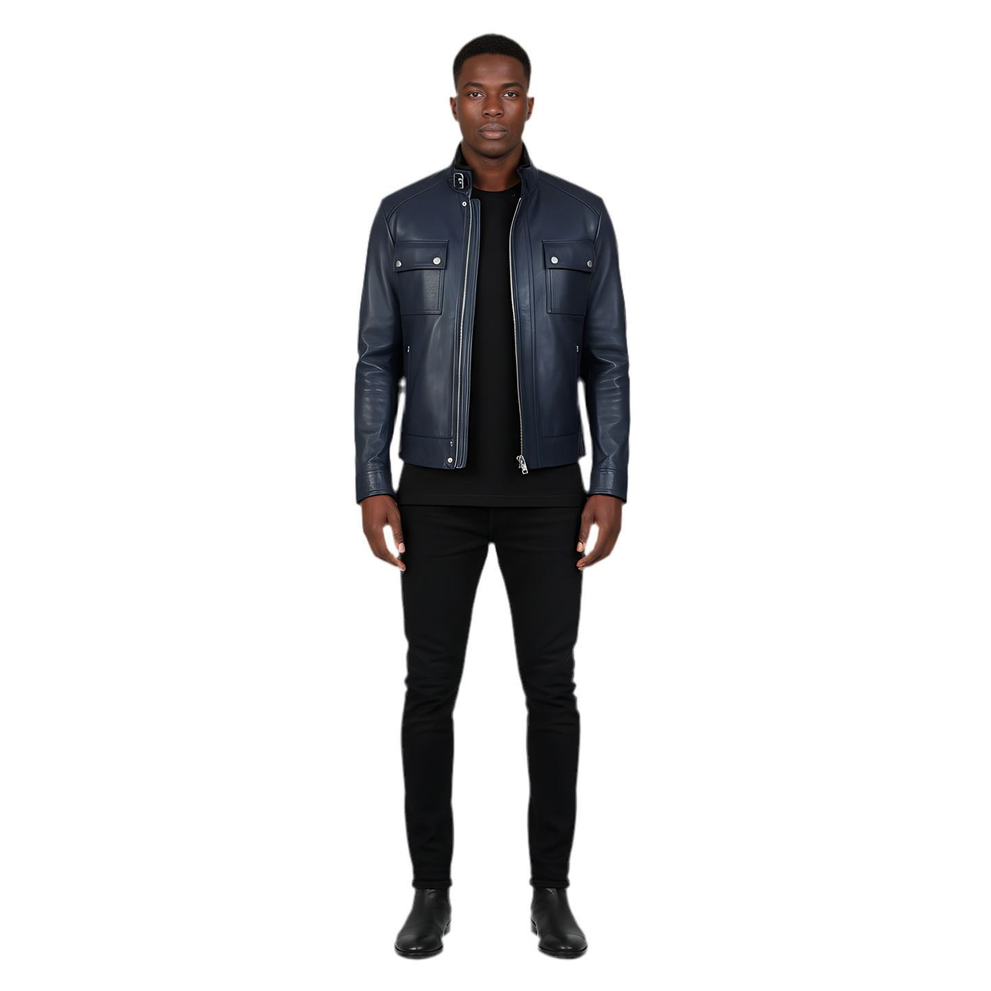 Bouch Veste de motard en cuir vieilli bleu marine Marrakchi