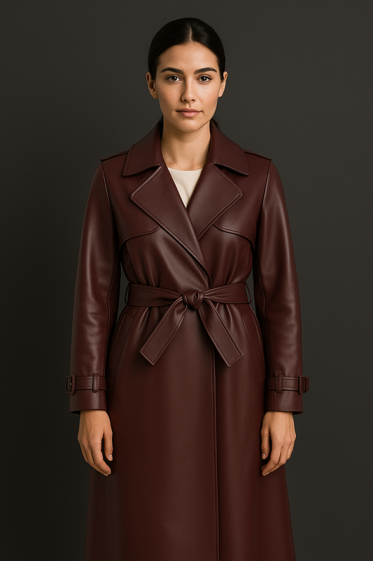 Lyora – Manteau en cuir bordeaux pour femme | Nouveau