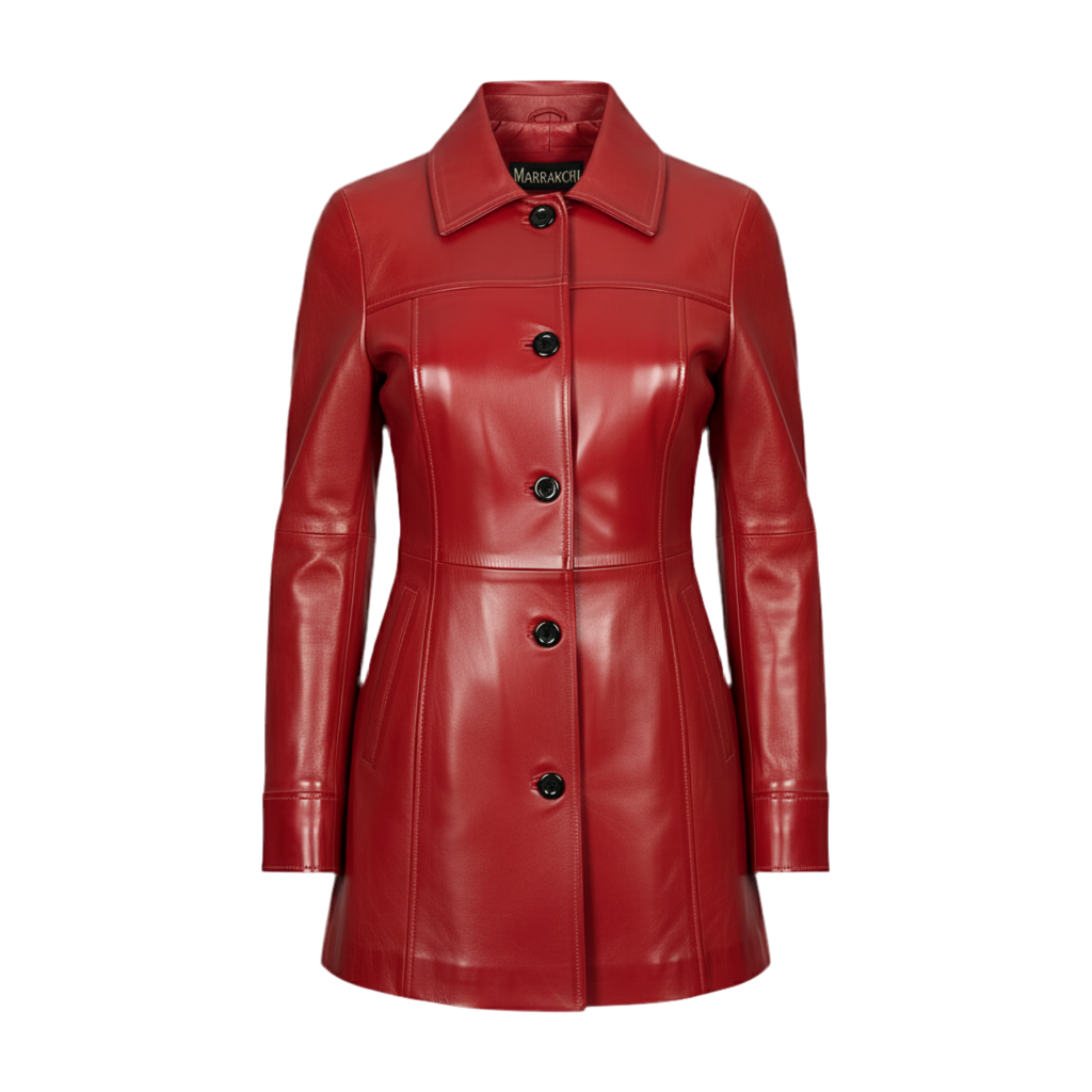 Manteau cuir long femme hiver – MARRAKCHI Jamila rouge Marrakchi