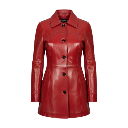 Manteau cuir long femme hiver – MARRAKCHI Jamila rouge Marrakchi