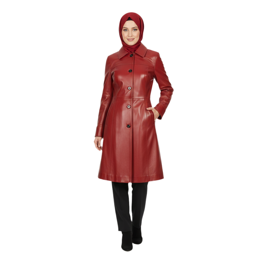 Manteau cuir long femme hiver – MARRAKCHI Jamila rouge Marrakchi
