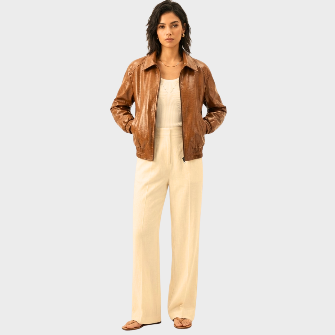 Veste courte femme en cuir brillant avec poignets élastiques