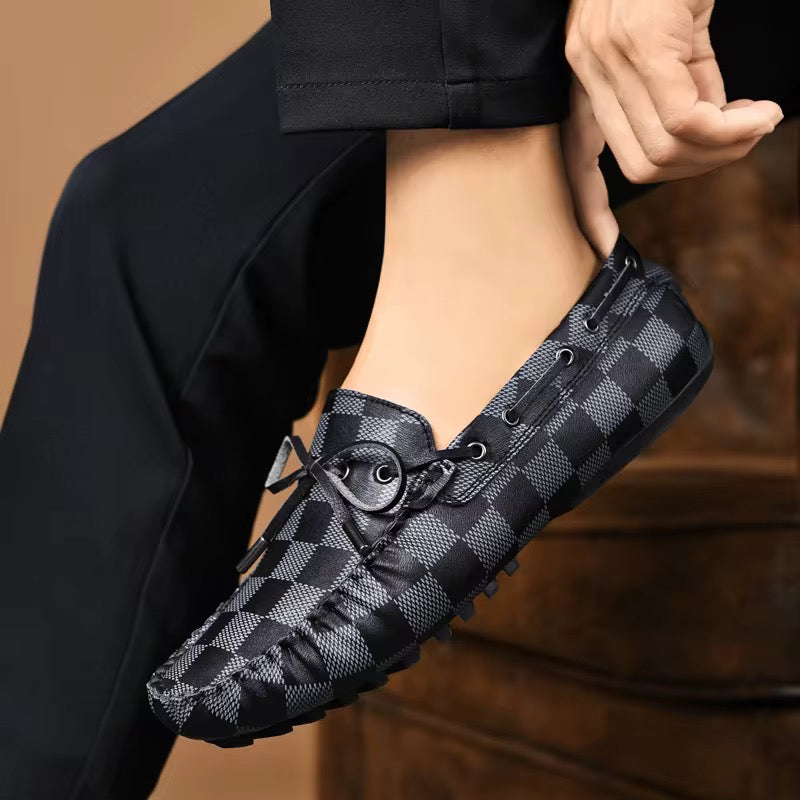 Mocassin cuir homme premium – motif carreaux, chaussures été en cuir