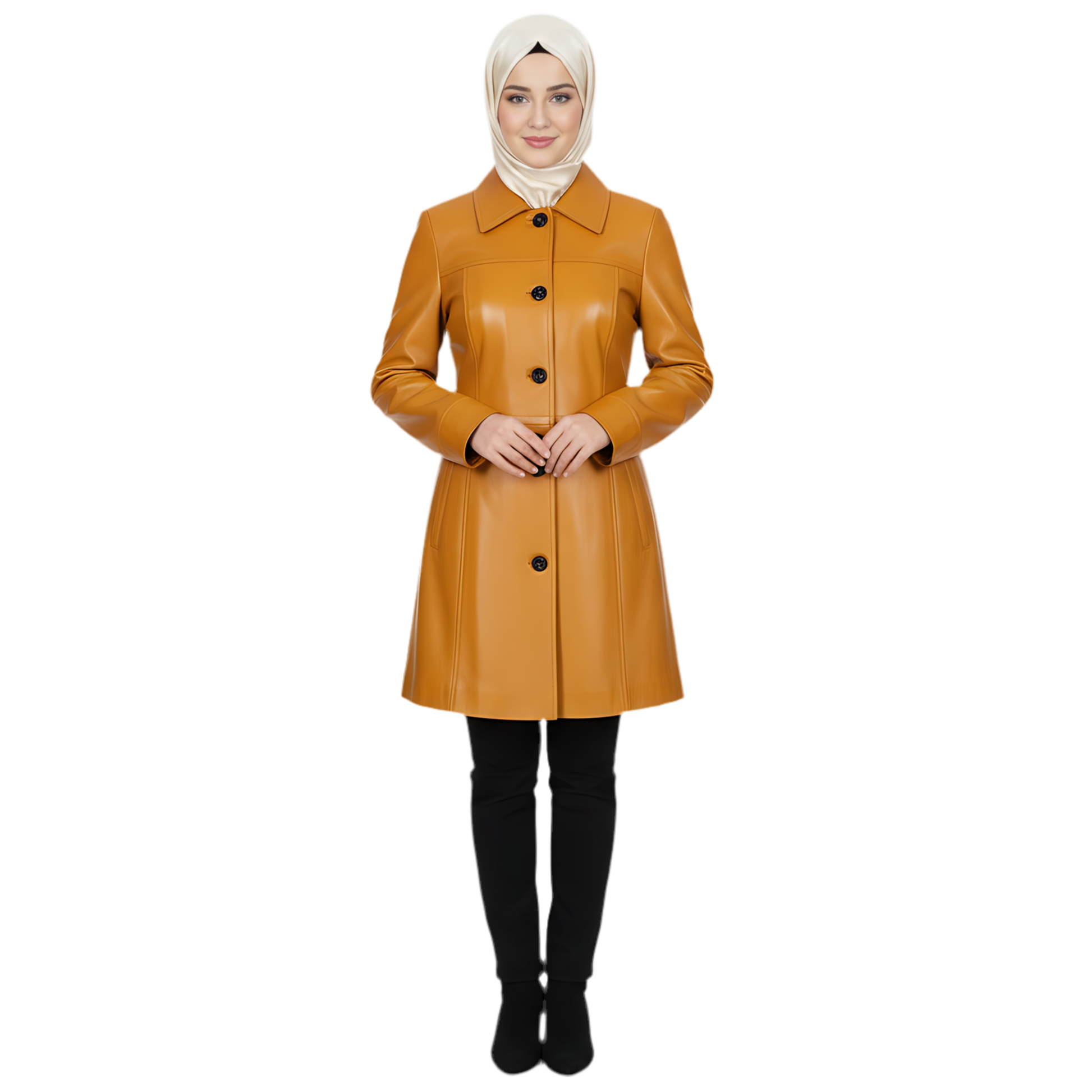 Manteau long d'hiver en cuir d'agneau moutarde pour femme – MARRAKCHI Jamila Marrakchi