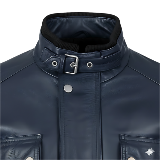 Bouch Veste de motard en cuir vieilli bleu marine Marrakchi