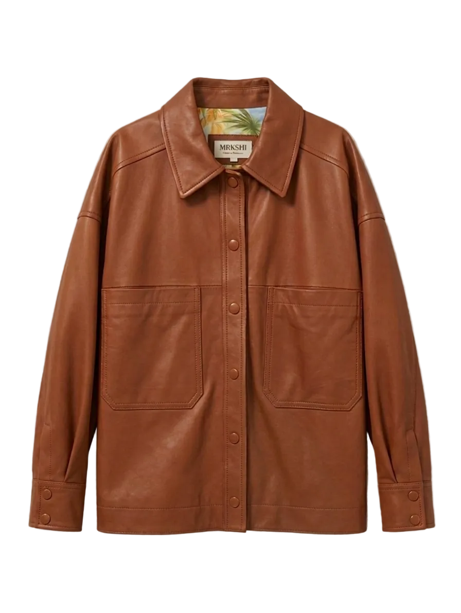 Chemise cuir femme tabac coupe large avec poches poitrine