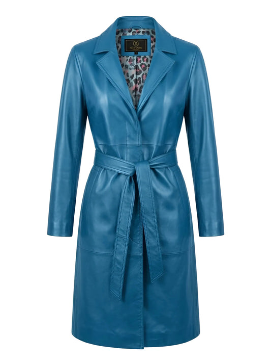Manteau moderne femme en cuir souple bleu clair look élégant