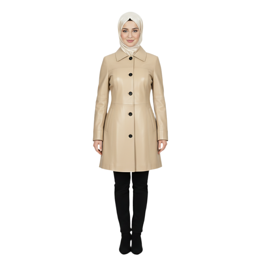 Manteau cuir long femme hiver – MARRAKCHI Jamila beige Marrakchi