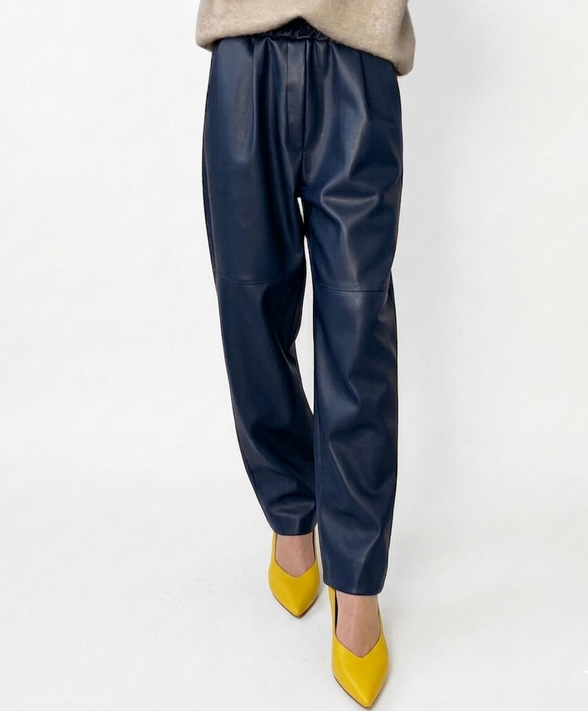 Pantalon cuir femme baggy premium avec poches cargo style moderne, Navy bleu