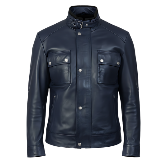Bouch Veste de motard en cuir vieilli bleu marine Marrakchi