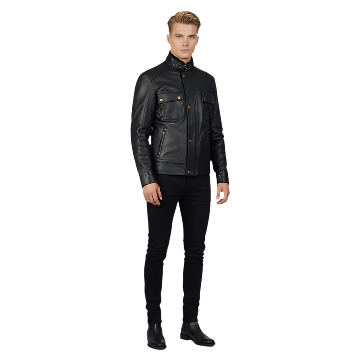 Veste de motard en cuir vieilli bleu marine