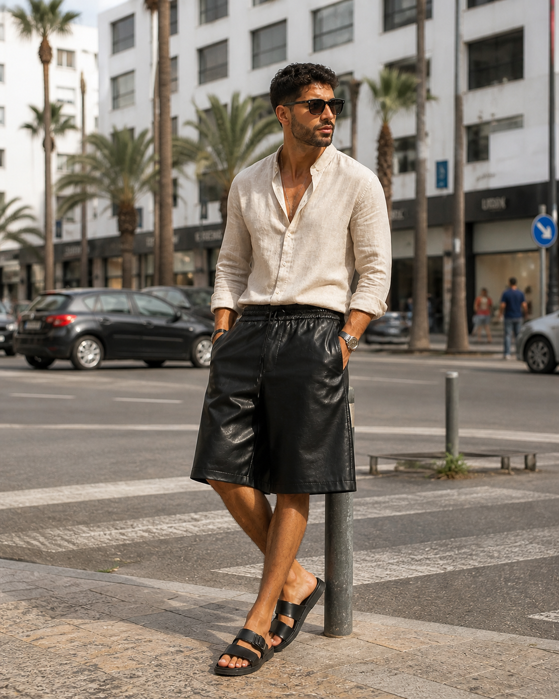 Short en cuir premium unisexe – coupe oversize été cuir véritable noir
