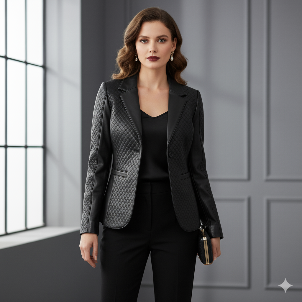 MARRAKCHI Blazer en cuir noir matelassé Nora