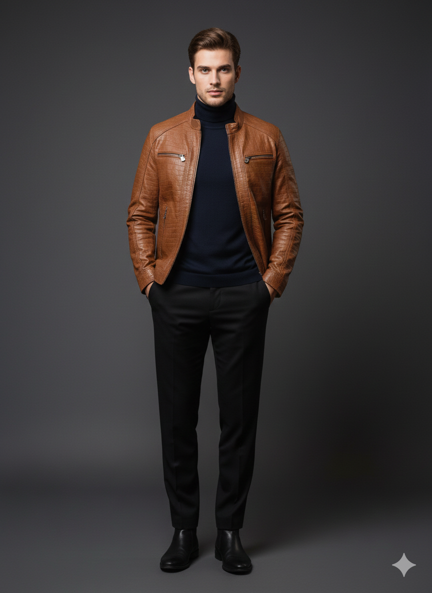 Antony – Veste en Cuir Homme Camel avec Motif Embossé | Élégante & Moderne