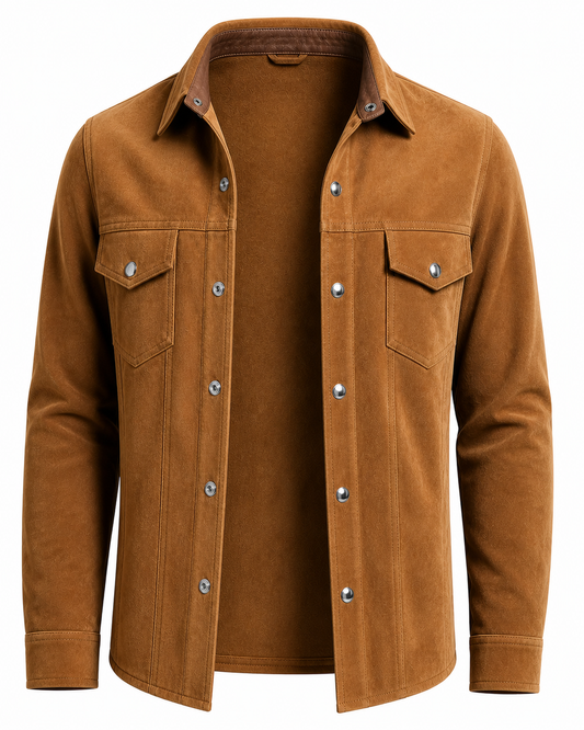 Chemise en daim homme luxe | Veste daim homme et surchemise en daim premium, élégante et confortable, mode homme Maroc 2026, Homme portant une chemise en daim premium style veste overshirt, veste daim homme luxe, cuir daim de haute qualité, fashion homme Maroc, Chemise en daim homme luxe - Surchemise veste daim homme élégante, style casual chic, mode premium Maroc