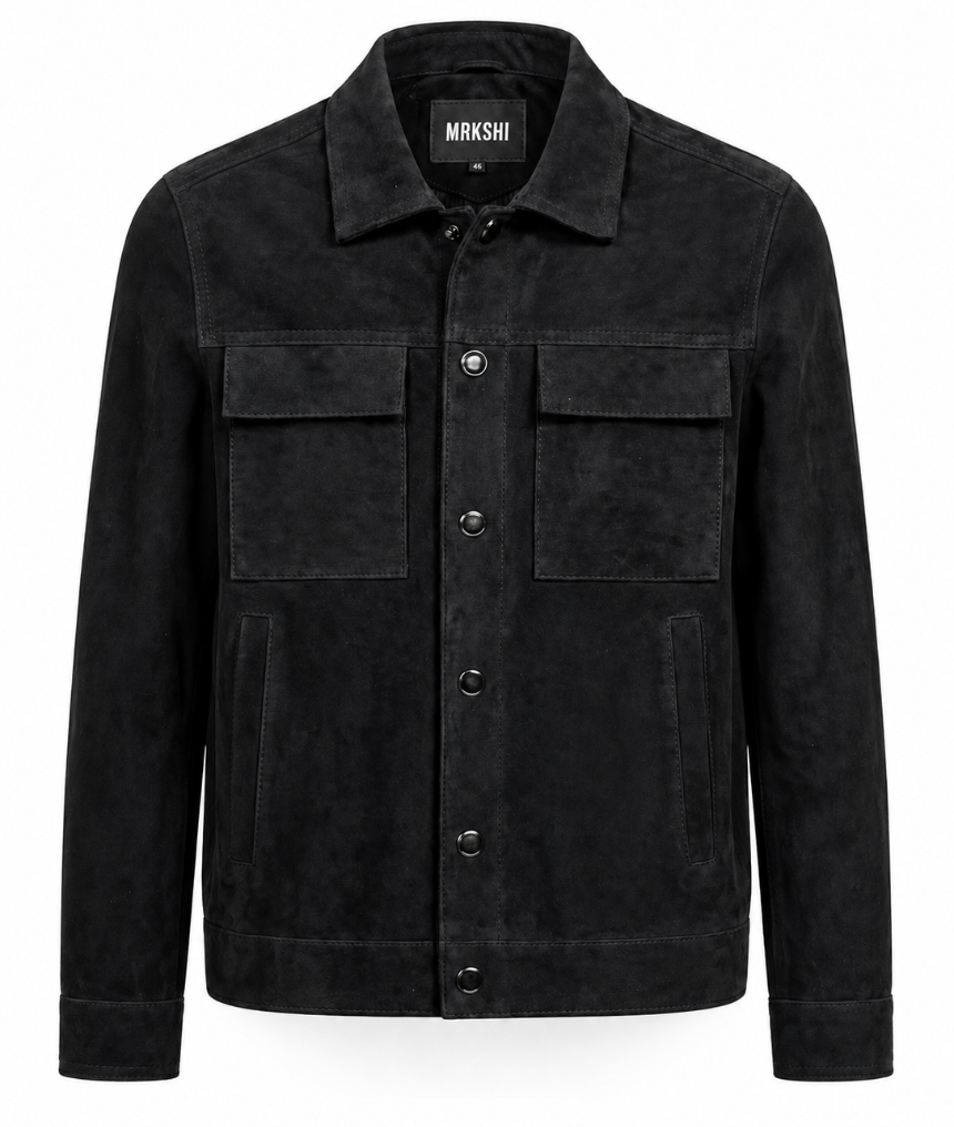 Veste en cuir suédé noir homme vue de face fond blanc