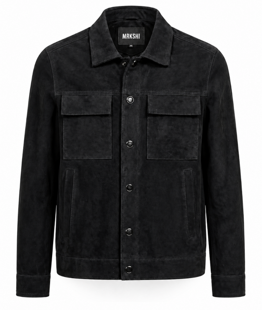 Veste en cuir suédé noir homme vue de face fond blanc