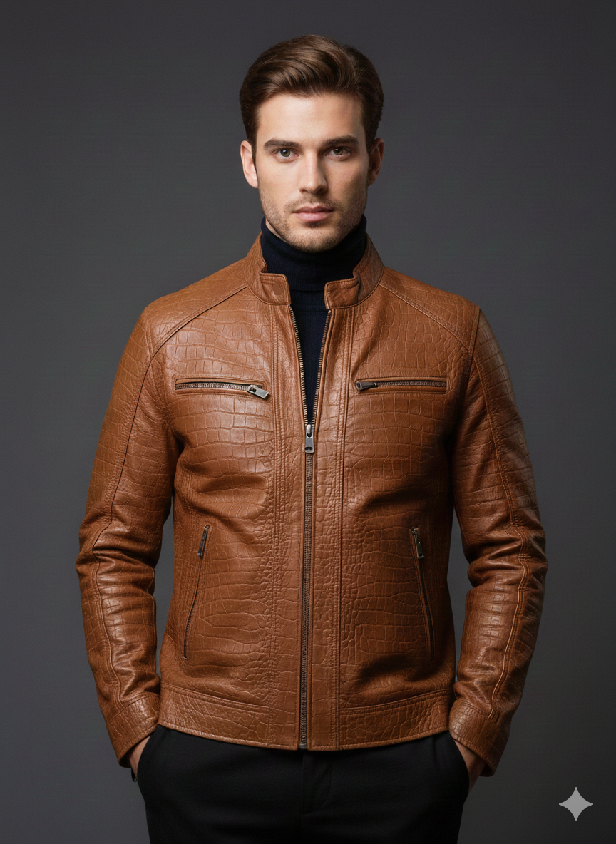 Antony – Veste en Cuir Homme Camel avec Motif Embossé | Élégante & Moderne