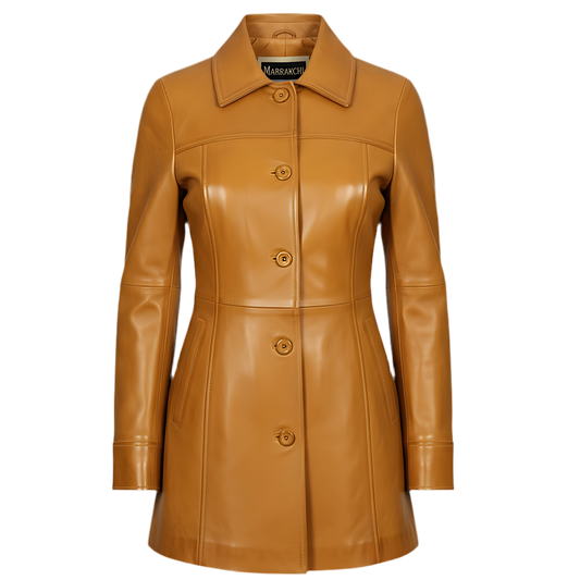 Manteau long d'hiver en cuir d'agneau moutarde pour femme – MARRAKCHI Jamila Marrakchi