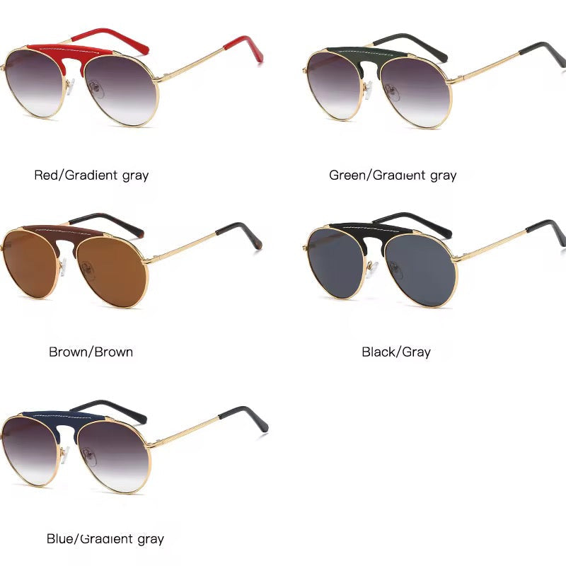 Lunettes de soleil avec ornements en cuir,  rondes, lunettes aviateur rétro, unisexes, UV400