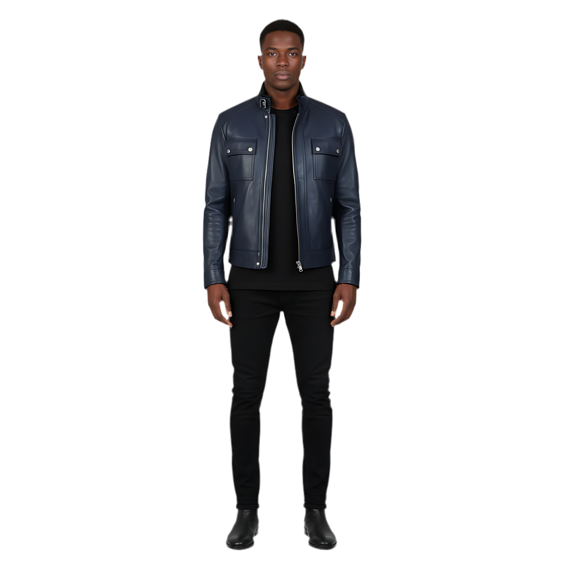 Bouch Veste de motard en cuir vieilli bleu marine Marrakchi