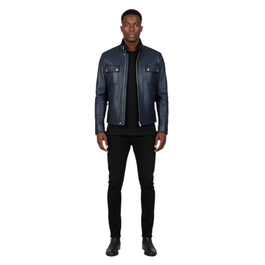 Bouch Veste de motard en cuir vieilli bleu marine Marrakchi