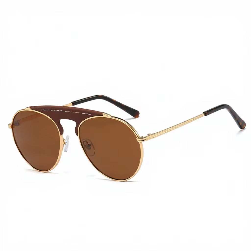 Lunettes de soleil avec ornements en cuir,  rondes, lunettes aviateur rétro, unisexes, UV400