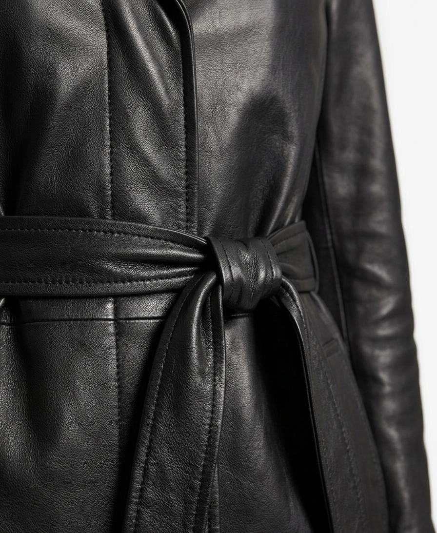 Manteau cuir luxe femme avec silhouette féminine et ceinture