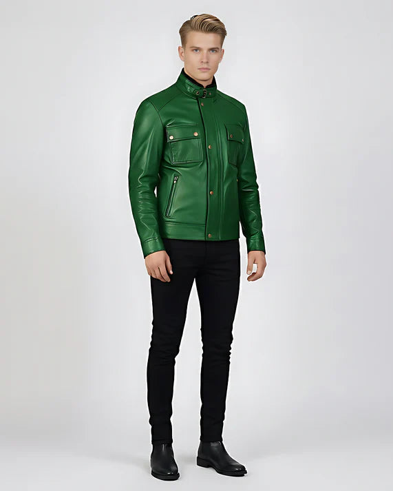 Veste de motard en cuir vieilli bleu marine