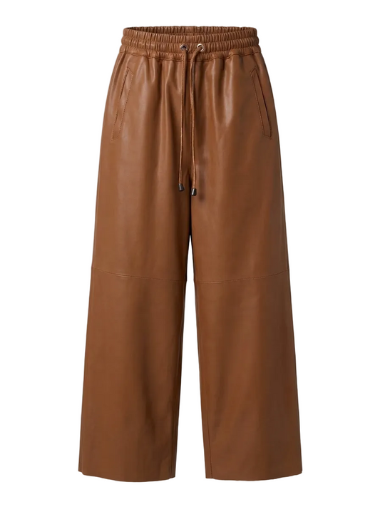 Pantalon cuir femme oversize 3/4 en cuir d’agneau doux tabac