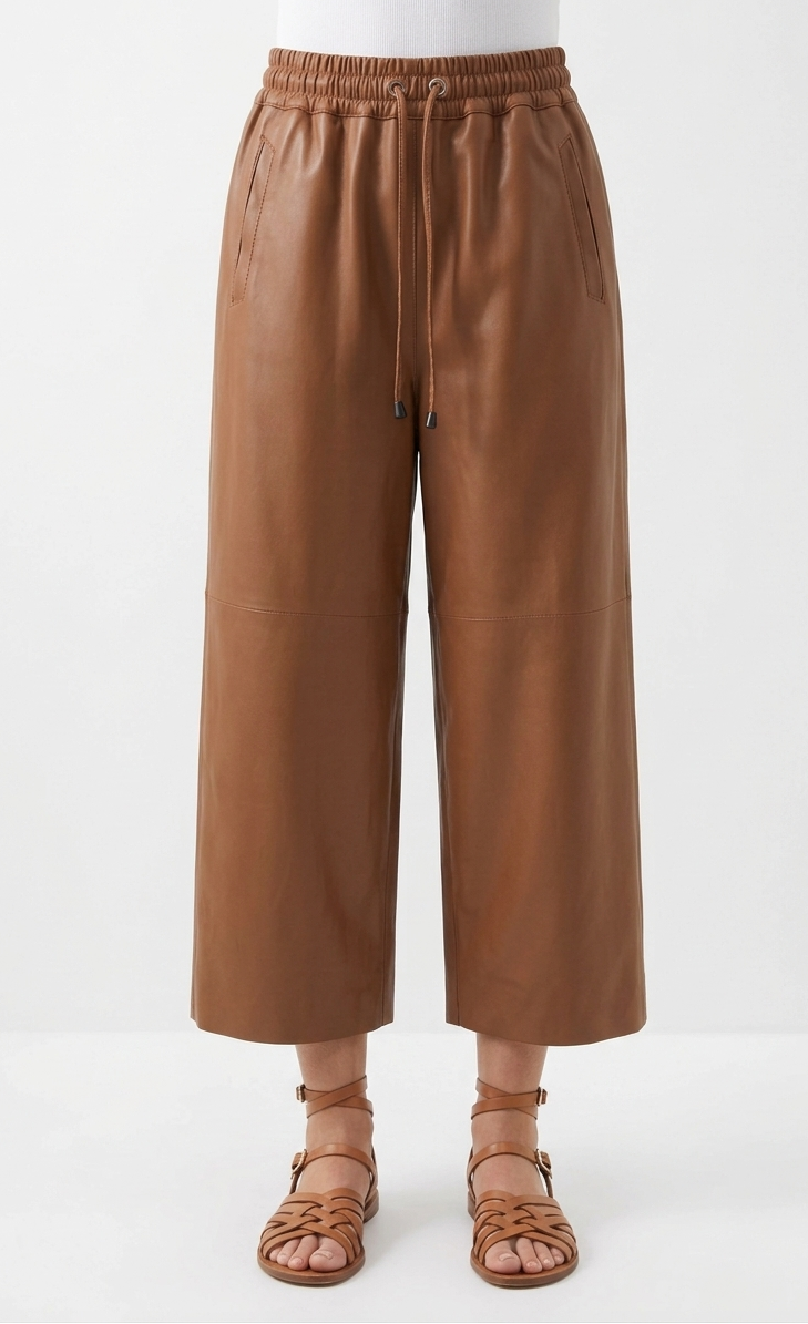 Pantalon cuir premium femme coupe large en bleu marine
