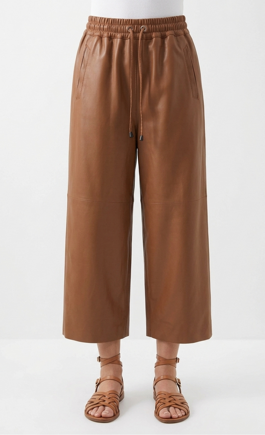 Pantalon cuir premium femme coupe large en bleu marine