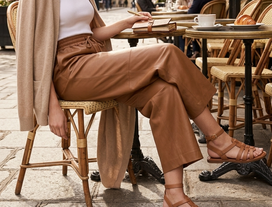 Pantalon cuir femme baggy 3/4 en cuir d’agneau haut de gamme