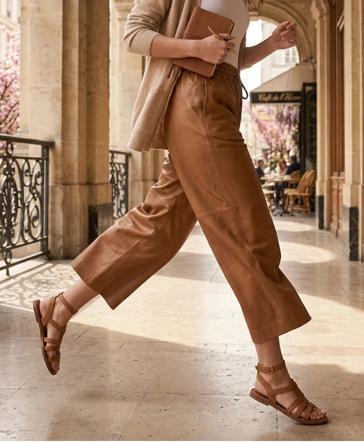Pantalon cuir femme baggy 3/4 en cuir d’agneau haut de gamme