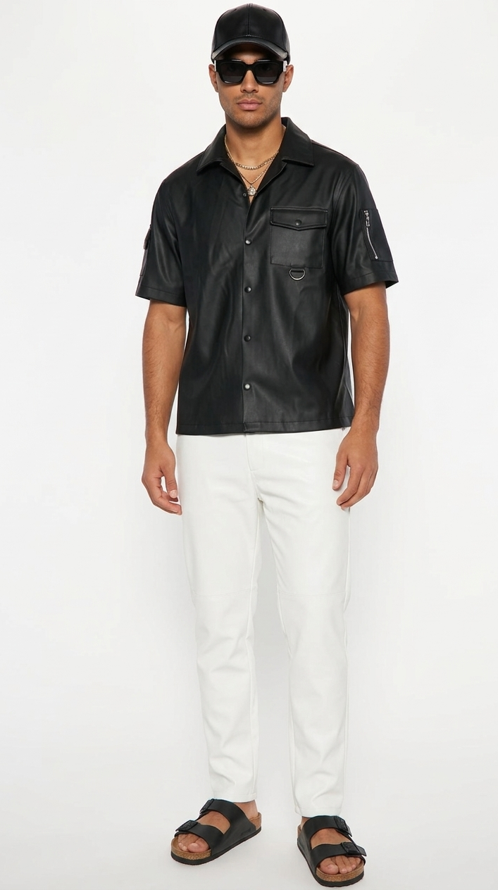Haut cuir homme noir avec poche poitrine style intemporel