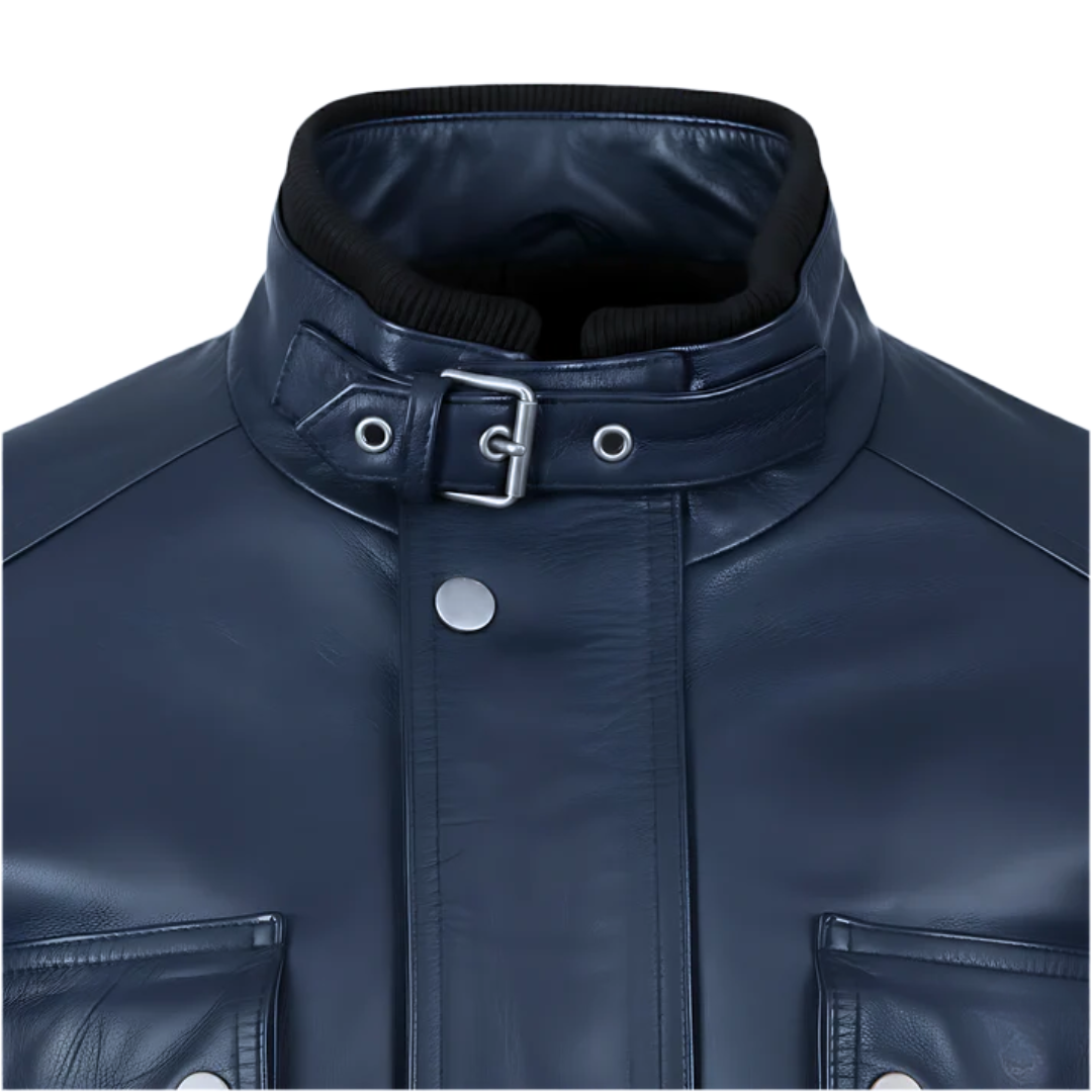 Veste de motard en cuir vieilli bleu marine