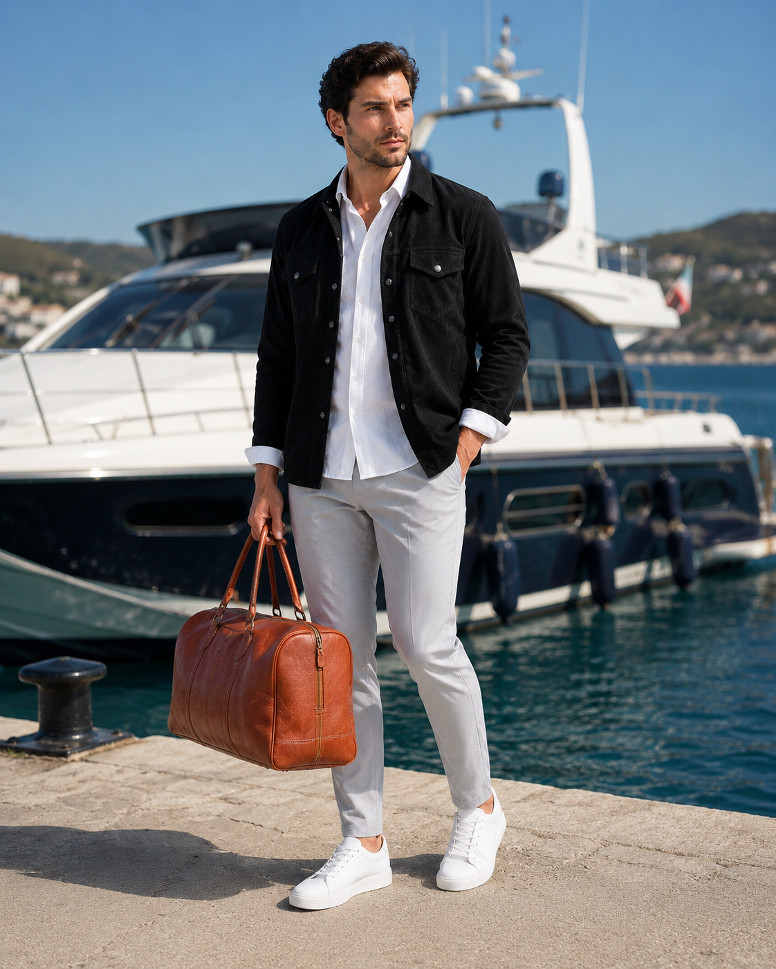 Sac de voyage cuir homme luxe MRKSHI - Sac business class en cuir pleine fleur cognac sans roulettes, style premium pour voyageurs VIP, Sac de voyage en cuir véritable fabriqué au Maroc, travel leather duffel bag premium, luxury weekender bag Casablanca, handmade leather luggage, Sac voyage cuir luxe Maroc, grand sac de voyage en cuir marron, handmade leather travel bag, Casablanca Morocco, Luxury leather travel bag Morocco, sac de voyage cuir véritable, weekender bag premium artisan marocain, Casablanca,