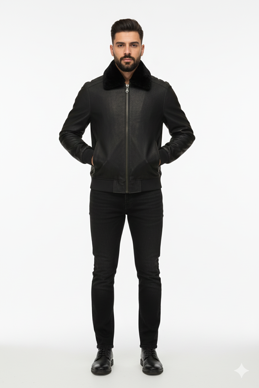 Noha – Veste en cuir homme effet Dusty | Noir avec pigments gris | 100 % cuir véritable