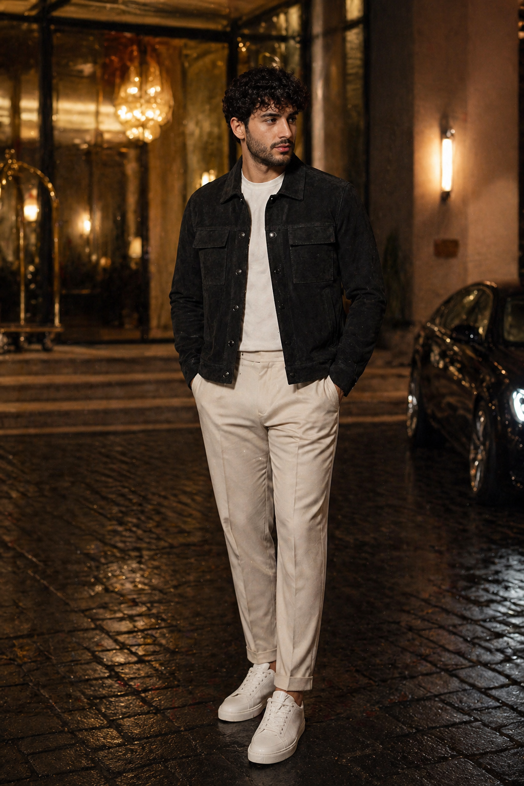 Veste en cuir suédé noir homme vue de face fond blanc